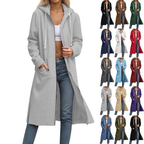 ZWDC Damen Lang Kapuzenjacke mit Reißverschluss und Kordelzug Taschen Frauen Lange Jacke mit Kapuze Übergangsjacke Casual Mantel Outdoorjacke für Alltag Arbeit Reisen Outdoor Streetwear von ZWDC