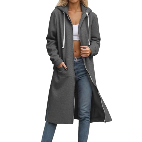 ZWDC Damen Lang Kapuzenjacke mit Reißverschluss und Kordelzug Taschen Frauen Lange Jacke mit Kapuze Übergangsjacke Casual Mantel Outdoorjacke für Alltag Arbeit Reisen Outdoor Streetwear von ZWDC