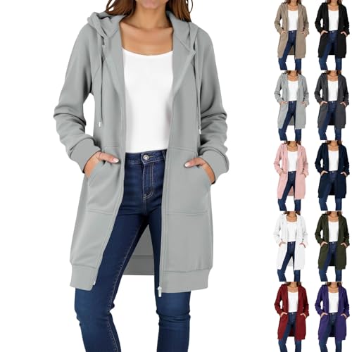 ZWDC Damen Lange Kapuzenjacke mit Reißverschluss Mittellange Freizeitjacke mit Taschen Locker Geschnittene Übergangsjacke für Alltag Arbeit Reisen Outdoor Streetwear von ZWDC
