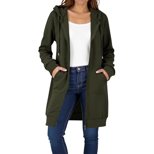 ZWDC Damen Lange Kapuzenjacke mit Reißverschluss Mittellange Freizeitjacke mit Taschen Locker Geschnittene Übergangsjacke für Alltag Arbeit Reisen Outdoor Streetwear von ZWDC