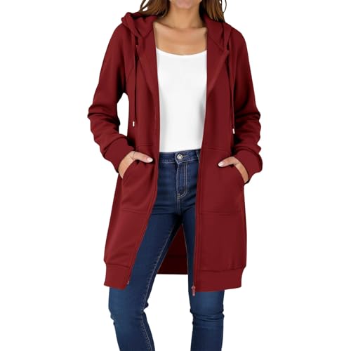 ZWDC Damen Lange Kapuzenjacke mit Reißverschluss Mittellange Freizeitjacke mit Taschen Locker Geschnittene Übergangsjacke für Alltag Arbeit Reisen Outdoor Streetwear von ZWDC