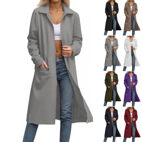 ZWDC Damen Langer Mantel mit Reißverschluss Taschen Frauen Elegante Lange Jacke mit Umlegekragen Seitenschlitz Freizeitjacke Übergangsjacke Übergroße Outdoorjacke für Büro Alltag Reisen Mode von ZWDC