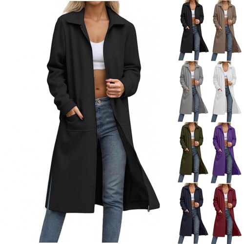 ZWDC Damen Langer Mantel mit Reißverschluss Taschen Frauen Elegante Lange Jacke mit Umlegekragen Seitenschlitz Freizeitjacke Übergangsjacke Übergroße Outdoorjacke für Büro Alltag Reisen Mode von ZWDC