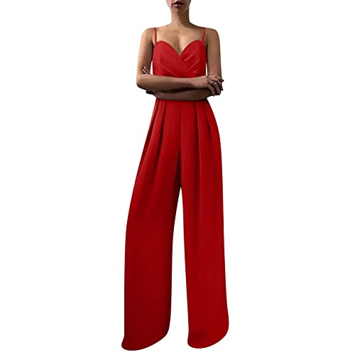 ZWDC Damen Latzhose Loose Einfarbige Jumpsuit sommer Casual fit Trägerhose Weite Beine Sommerhose Frauen Elegante Großer Hosen Lang fur Täglich Overall, Rot, Large von ZWDC