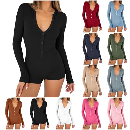 ZWDC Damen Sexy Overall U Hals Strumpfhosen Schlafanzug Damen Lang Böden Solide Farbe Stretch Schlankheitskur Pyjama Damen Lange Ärmel Overall Pyjamas von ZWDC