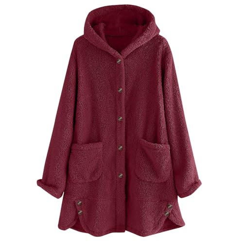 ZWDC Damen Teddyjacke mit Kapuze Knöpfen Taschen Warme Frauen Fleecejacke Lange Ärmel Freizeit Winterjacke Kuscheliger Mantel Übergroße Plüschjacke für Alltag Büro Reisen Outdoor von ZWDC