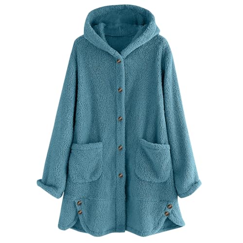 ZWDC Damen Teddyjacke mit Kapuze Knöpfen Taschen Warme Frauen Fleecejacke Lange Ärmel Freizeit Winterjacke Kuscheliger Mantel Übergroße Plüschjacke für Alltag Büro Reisen Outdoor von ZWDC