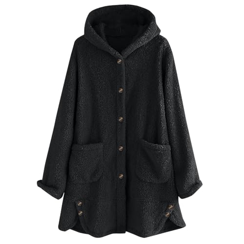 ZWDC Damen Teddyjacke mit Kapuze Knöpfen Taschen Warme Frauen Fleecejacke Lange Ärmel Freizeit Winterjacke Kuscheliger Mantel Übergroße Plüschjacke für Alltag Büro Reisen Outdoor von ZWDC