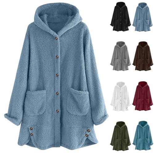 ZWDC Damen Teddyjacke mit Kapuze Knöpfen Taschen Warme Frauen Fleecejacke Lange Ärmel Freizeit Winterjacke Kuscheliger Mantel Übergroße Plüschjacke für Alltag Büro Reisen Outdoor von ZWDC