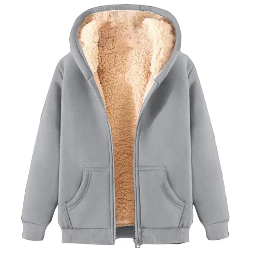 ZWDC Damen Winterjacke Warm Fleecejacke Winter Sweatjacke mit Kapuze Elegant Einfarbig Übergangsjacke Große Größen Kapuzenpullover mit Taschen Lässige Wintermantel mit ReißVerschluss Plüschjacke von ZWDC