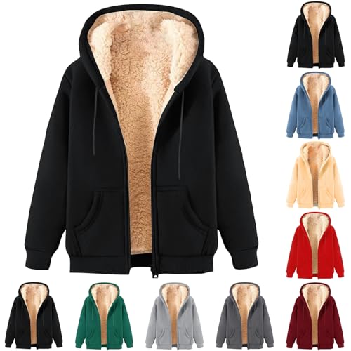 ZWDC Damen Winterjacke Warm Fleecejacke Winter Sweatjacke mit Kapuze Elegant Einfarbig Übergangsjacke Große Größen Kapuzenpullover mit Taschen Lässige Wintermantel mit ReißVerschluss Plüschjacke von ZWDC