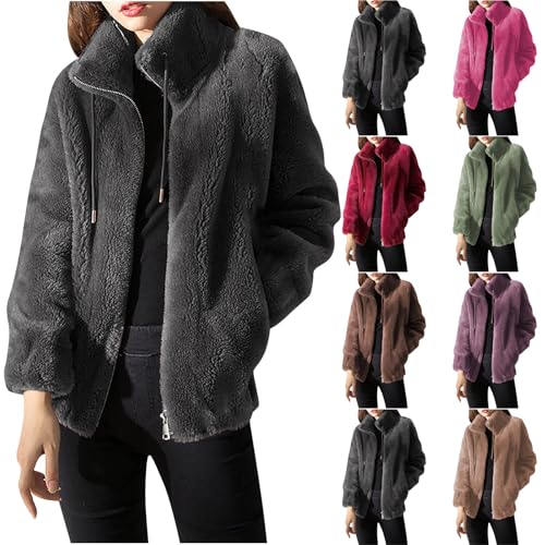 ZWDC Fleecejacke Damen Elegant Stehkragen Winterjacke Dicke Warme Plüschjacke Reißverschluss Teddyjacke Winter Plüsch Mantel Teddyfleece Jacke Wintermantel Langarm Übergangsjacke Outwear für Alltag von ZWDC