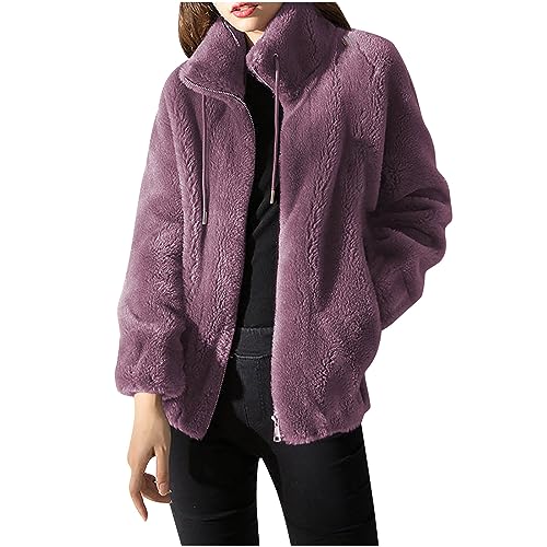ZWDC Fleecejacke Damen Elegant Stehkragen Winterjacke Dicke Warme Plüschjacke Reißverschluss Teddyjacke Winter Plüsch Mantel Teddyfleece Jacke Wintermantel Langarm Übergangsjacke Outwear für Alltag von ZWDC
