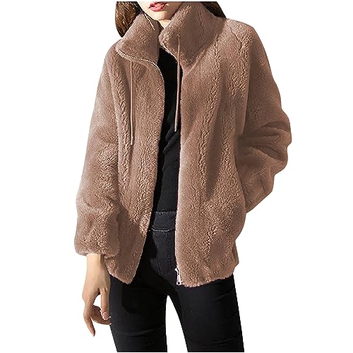 ZWDC Fleecejacke Damen Elegant Stehkragen Winterjacke Dicke Warme Plüschjacke Reißverschluss Teddyjacke Winter Plüsch Mantel Teddyfleece Jacke Wintermantel Langarm Übergangsjacke Outwear für Alltag von ZWDC