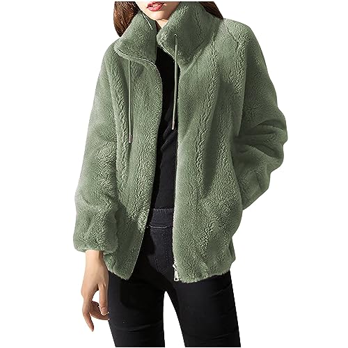 ZWDC Fleecejacke Damen Elegant Stehkragen Winterjacke Dicke Warme Plüschjacke Reißverschluss Teddyjacke Winter Plüsch Mantel Teddyfleece Jacke Wintermantel Langarm Übergangsjacke Outwear für Alltag von ZWDC
