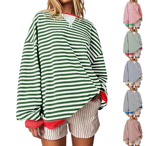 ZWDC Gestreiftes Übergroßes Sweatshirt Für Damen Gestreift Farbblock Rundhalsausschnitt Langärmelig Y2K T-Shirt Lässiges Langarmshirt Lockere Pullover-Oberteile von ZWDC