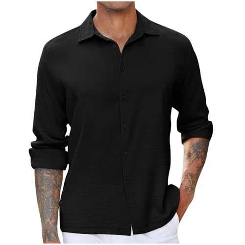 ZWDC Herren Business Casual Hemd Kurzarm Leinenshirt Texturiert Plissiert Einfarbig Revers Button Down Freizeithemd Businesshemd Sommer Regular Fit Bluse Langarm Revers Top von ZWDC