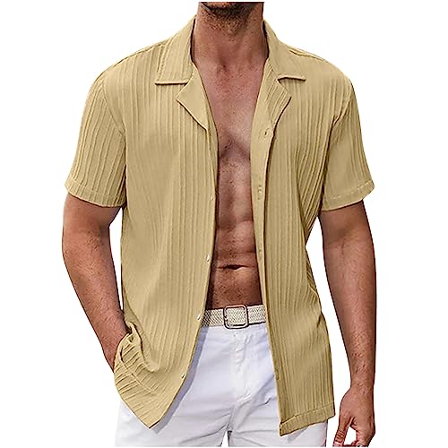 ZWDC Herren Hemd Baumwolle Leinenhemd Weich Faltenfrei Sommerhemd Herren Premium Kurze Ärmel Freizeithemd Hawaiihemd Streetwear 2023 Trend Y2K Für Strandurlaub Und Hochzeit, Khaki, 3X-Large von ZWDC