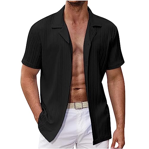 ZWDC Herren Hemd Baumwolle Leinenhemd Weich Faltenfrei Sommerhemd Herren Premium Kurze Ärmel Freizeithemd Hawaiihemd Streetwear 2023 Trend Y2K Für Strandurlaub Und Hochzeit, Schwarz, Medium von ZWDC