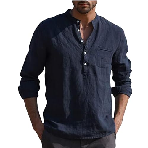 ZWDC Herren Stehkragen Unifarben Knopftasche Langarm Stehkragen Hemd Leinenshirt Einfarbig Revers Button Down Freizeithemd Businesshemd Sommer Regular Fit Bluse von ZWDC