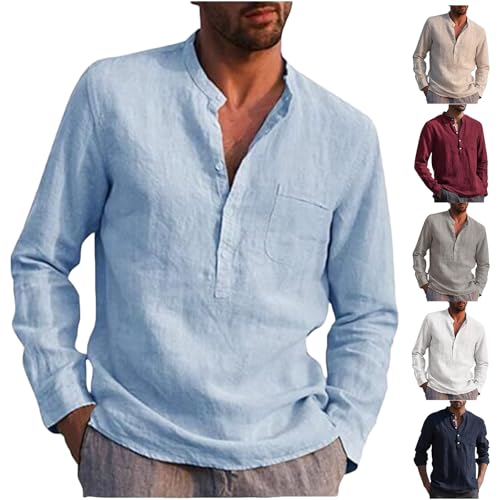 ZWDC Herren Stehkragen Unifarben Knopftasche Langarm Stehkragen Hemd Leinenshirt Einfarbig Revers Button Down Freizeithemd Businesshemd Sommer Regular Fit Bluse von ZWDC
