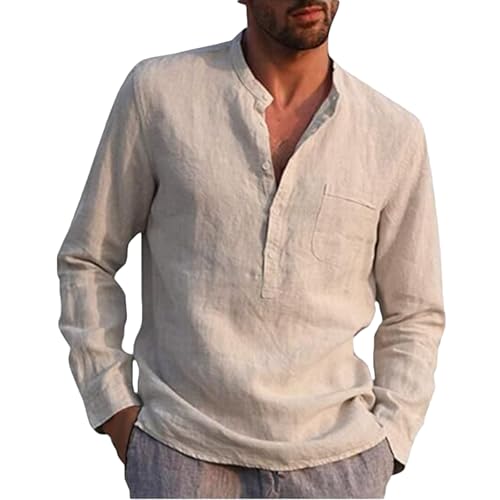 ZWDC Herren Stehkragen Unifarben Knopftasche Langarm Stehkragen Hemd Leinenshirt Einfarbig Revers Button Down Freizeithemd Businesshemd Sommer Regular Fit Bluse von ZWDC