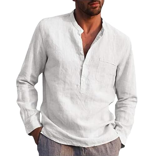 ZWDC Herren Stehkragen Unifarben Knopftasche Langarm Stehkragen Hemd Leinenshirt Einfarbig Revers Button Down Freizeithemd Businesshemd Sommer Regular Fit Bluse von ZWDC
