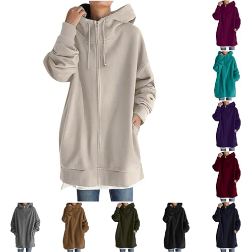 ZWDC Kapuzenjacke Hoodie Damen Oversize Lang Sweatjacke Mit Kapuze Lose Herbst Winter Winddicht Warm Mantel Outdoor Leichte Fleecejacke Mit Taschen Windjacke Kapuzenpullover Strickjacke für Alltag von ZWDC