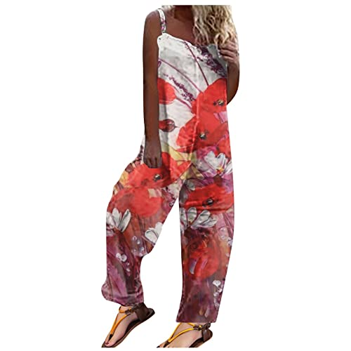 ZWDC Latzhose Damen Lässige Drucke Patchwork Jumpsuit Frauen Sommer Retro Hoher Taille Breites Bein Freizeitanzug Einteilig Mit Tasche Trägerhose Bequem Female Arbeitshose von ZWDC