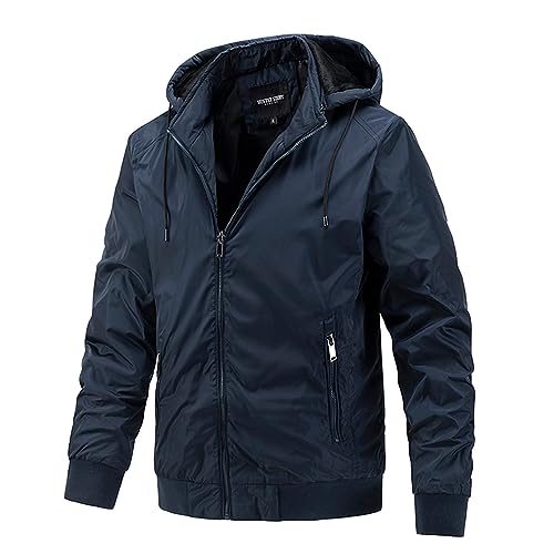 ZWDC Regenjacke Herren, Herren Herbst und Winter Reißverschluss Langärmelige Stehkragen Jacke, Wasserdichte Outdoor Jacke Atmungsaktiver Windbreaker Mit Kapuze, Klimaschonende Wanderjacke von ZWDC