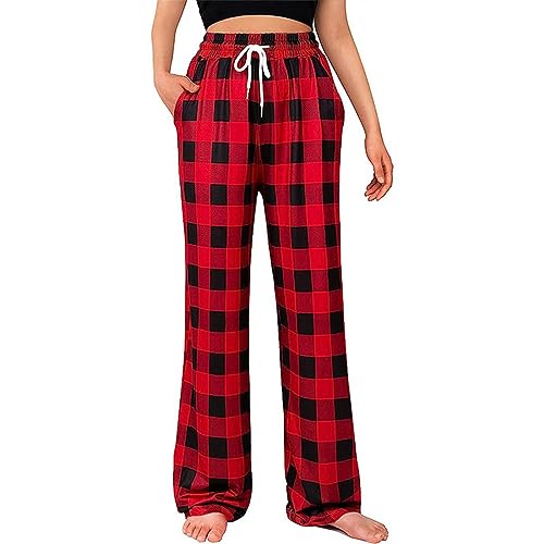 ZWDC Weihnachts Pyjama Damen Schlafanzughose Lang Pyjamahose Nachtwäsche Karierte Weich Schlafhose mit Kordelzug von ZWDC