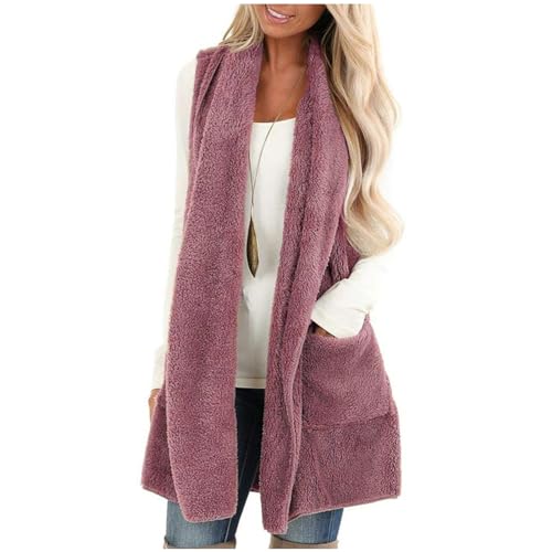 ZWDC Weihnachtstag 2023 Damen Lose Mantel Teddy-Fleece Plüsch Mantel Plüschjacke Hoodie Mode Ärmellos Jacke Oversize Wintermantel Kurzmantel Warm Kapuzenjacke Winterjacke mit Taschen S-XXL von ZWDC