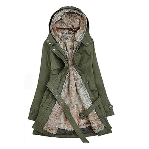 ZWDC Winterjacke Damen Warm - Damen Winter Jacke mit Kapuze Gefüttert Warm Jacke Hairy Liner Damen Trenchcoat mittellang tragen verdickte Haare Kragen Jacke Baumwollmantel Armeegrün S von ZWDC