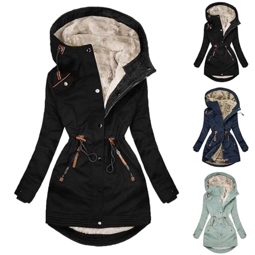 ZWDC Winterjacke Damen Warm - Damen Winter Jacke mit Kapuze Verdicken Gefüttert Warm Jacke Parka Mantel Puffer Einreihige Langarmjacke mit fester Farbe und Knopfleiste Baumwolljacke Schwarz 3XL von ZWDC