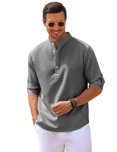 ZWENDE Freizeithemden Herren Slim Fit Stehkragen Hemd Einfachheit Mode Einfarbig Langarm Hemd Outdoorhemd Slim Fit Einstellbar Trachtenhemd Herren A-Dark Grey XXL von ZWENDE