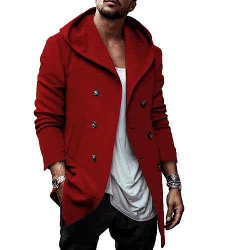 Mantel Herren Frühling Dünnschliff Wollmantel Mit Kapuze Lose Zweireiher Langarm Mantel Mittlere Länge Einfarbig Mantel Herren C-Date Red S von ZWENDE