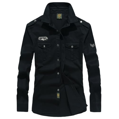 ZWENDE Outdoorhemd Herren Retro Schutz Safari Hemd Langarm Militärisches Hemd Frühling Combat Hemd Slim Fit Revers Taktisches Hemd Herren C-Black1 L von ZWENDE