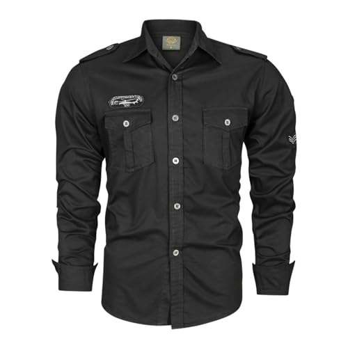 ZWENDE Outdoorhemd Herren Retro Schutz Safari Hemd Langarm Militärisches Hemd Frühling Combat Hemd Slim Fit Revers Taktisches Hemd Herren F-Black2 M von ZWENDE