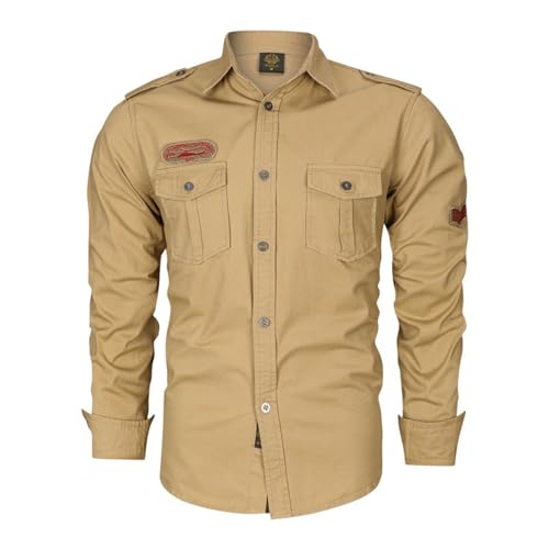 ZWENDE Outdoorhemd Herren Retro Schutz Safari Hemd Langarm Militärisches Hemd Frühling Combat Hemd Slim Fit Revers Taktisches Hemd Herren H-Khaki2 XL von ZWENDE