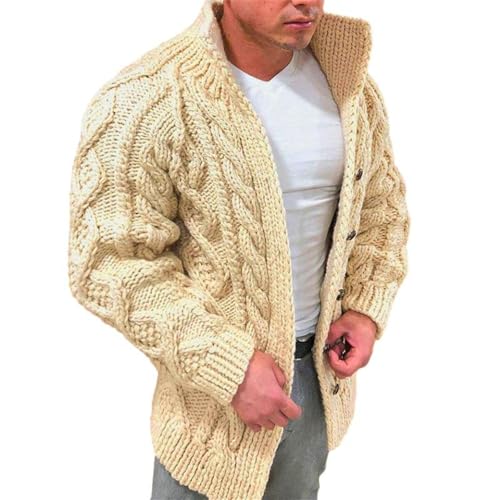 ZWENDE Strickjacke Herren Mit Knopfleiste Gestrickte Jacke Herren Hoher Kragen Langarm Strick Sweater Jacke Männer Slim Fit Jacquard Casual Jacke Herren D-Beige L von ZWENDE