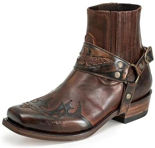 ZWESKUX Western-Cowboystiefel für Herren, Vintage-PU-Leder, spitzer Zehenbereich, mittelhoher Absatz, Stiefeletten, Reitstiefel, Größe 38–48,38,Dark Brown von ZWESKUX