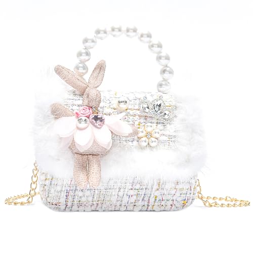 ZWI-player Kleine Mädchen Prinzessin Geldbörsen Niedliche Crossbody Schultertasche Handtasche mit Plüschperlengriff für Mädchen, Weiss/opulenter Garten von ZWI-player
