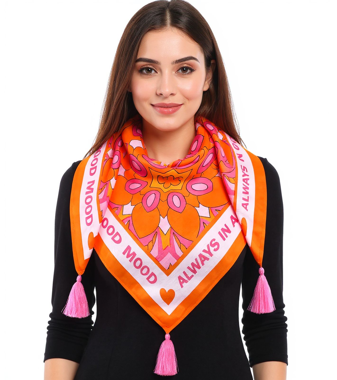 ZWILLINGSHERZ Always in a good mood Vierecks-Tuch mit Statement Print und Ornamenten Mode-Tuch 3016Q-0209-5 Pink/Orange von ZWILLINGSHERZ