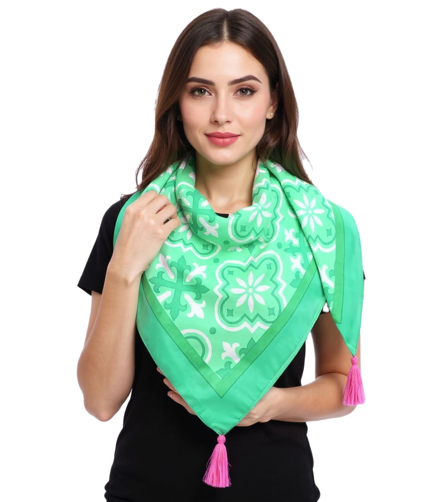 ZWILLINGSHERZ Antike Dreiecks-Tuch mit Ornamenten und Fransen Mode-Tuch 3014D-3010-64 Grün/Pink/Weiß von ZWILLINGSHERZ