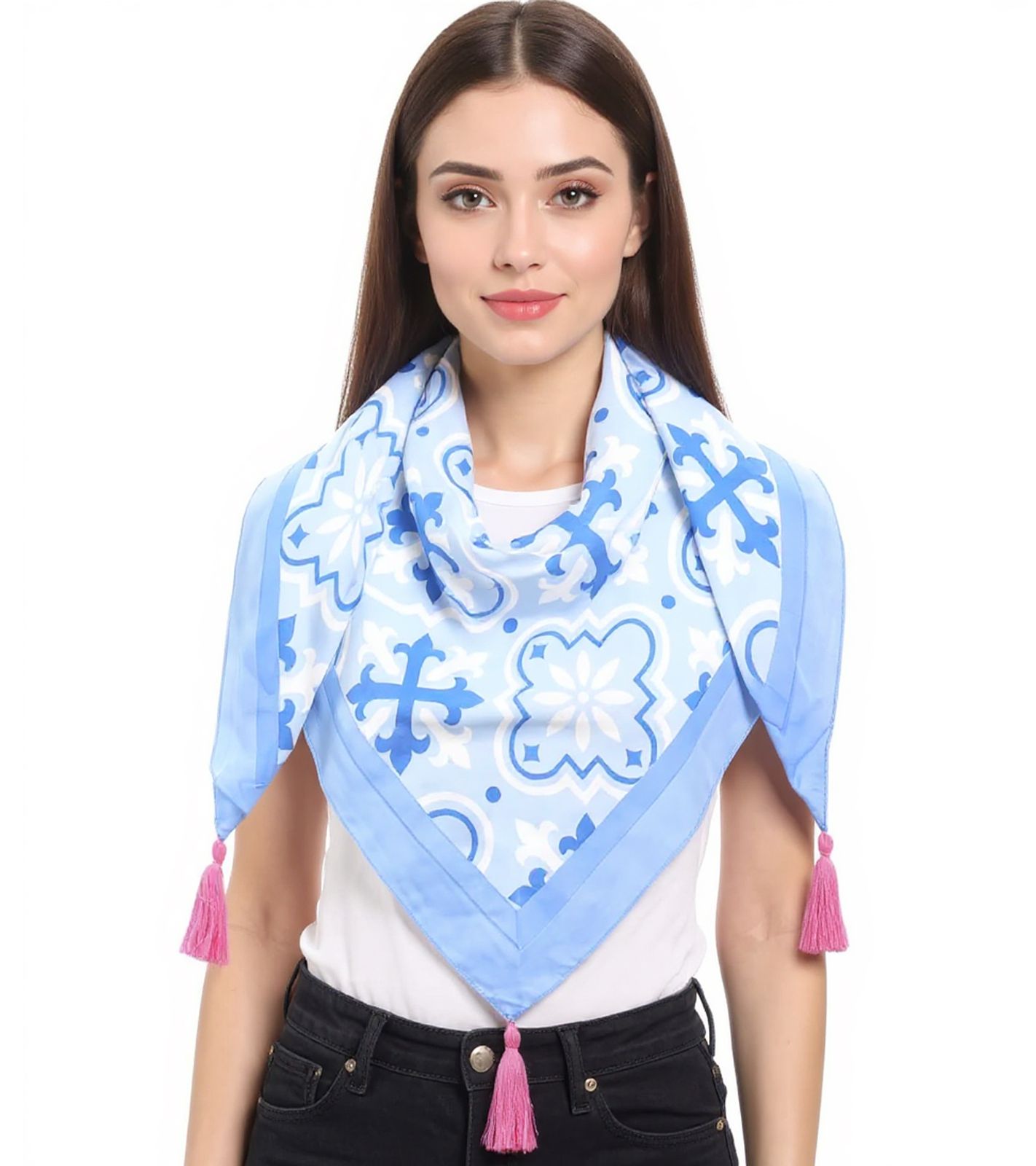 ZWILLINGSHERZ Antike Dreiecks-Tuch mit Ornamenten und Fransen Mode-Tuch 3014D-3010-87 Blau/Pink/Weiß von ZWILLINGSHERZ