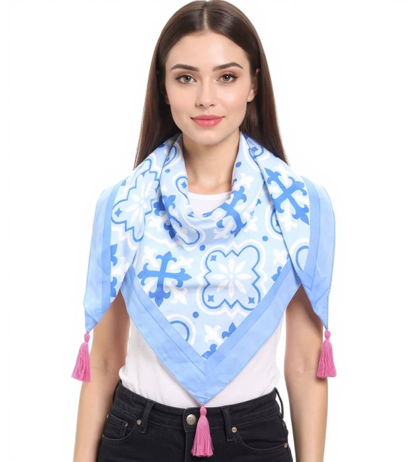 ZWILLINGSHERZ Antike Dreiecks-Tuch mit Ornamenten und Fransen Mode-Tuch 3014D-3010-87 Blau/Pink/Weiß von ZWILLINGSHERZ