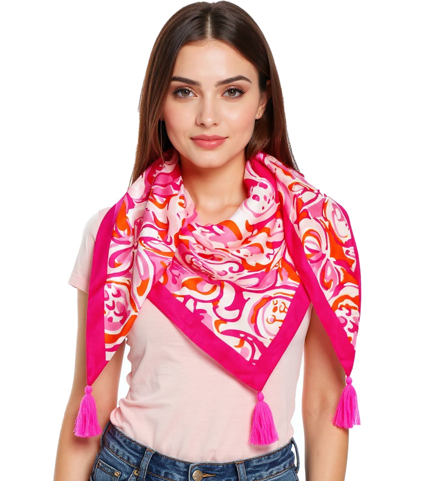 ZWILLINGSHERZ Aquarell Print Dreiecks-Tuch mit Blumen und Ornamenten Mode-Tuch 3014D-0204-13 Pink/Orange/Weiß von ZWILLINGSHERZ