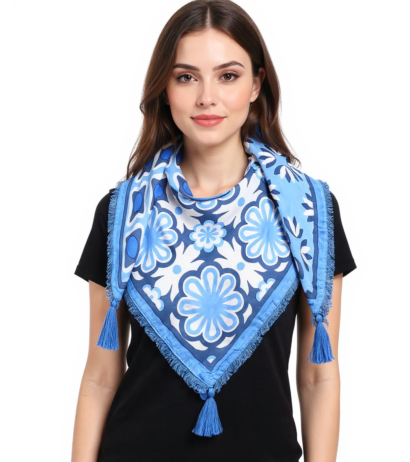 ZWILLINGSHERZ Be Happy Vierecks-Tuch mit Blumen und Ornamenten Mode-Tuch 3016Q-0609-89 Blau/Weiß von ZWILLINGSHERZ