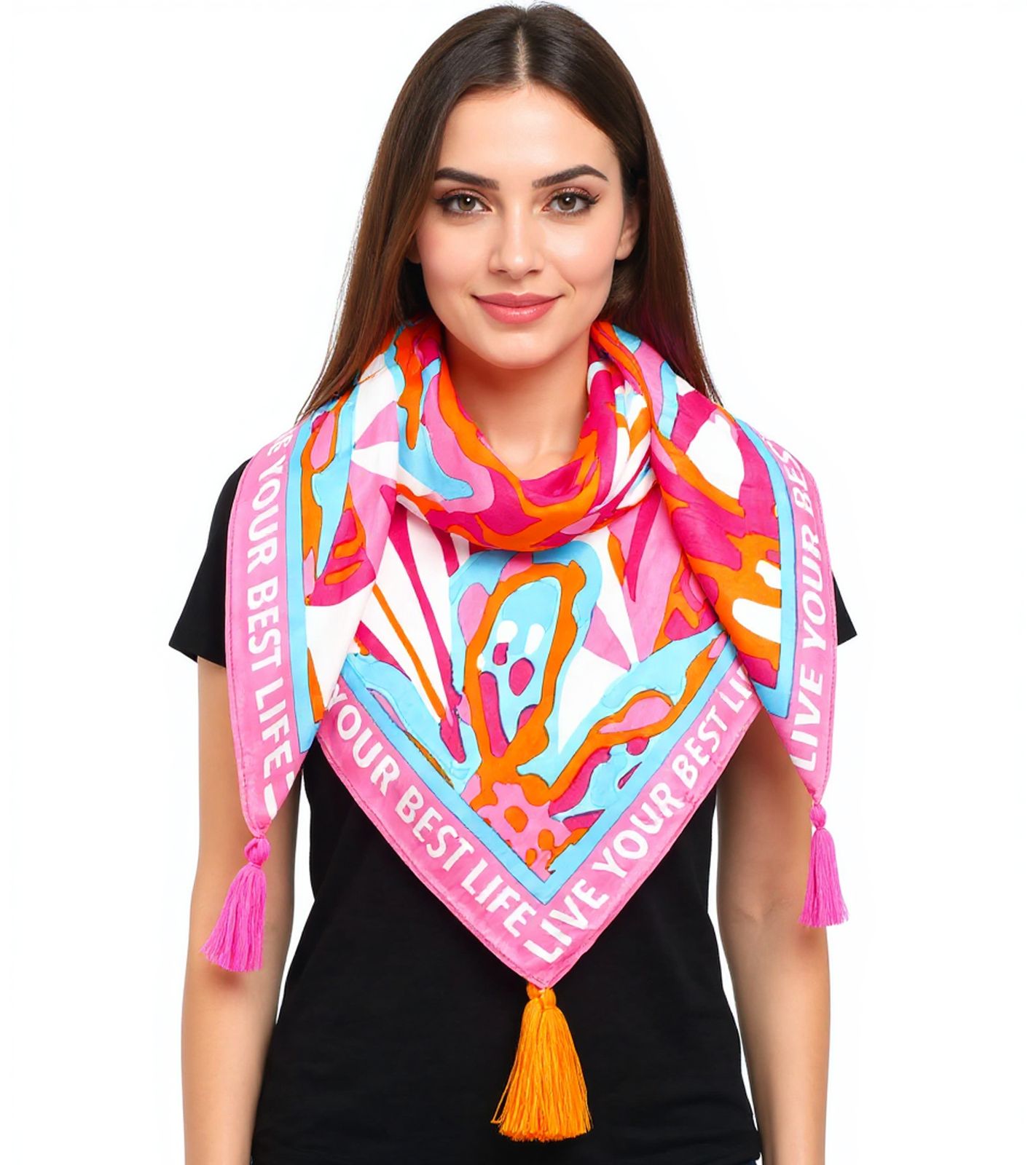 ZWILLINGSHERZ Best Life Vierecks-Tuch mit Statement Print und abstrakten Blüten Mode-Tuch 3016Q-2907-51 Pink/Orange/Bunt von ZWILLINGSHERZ