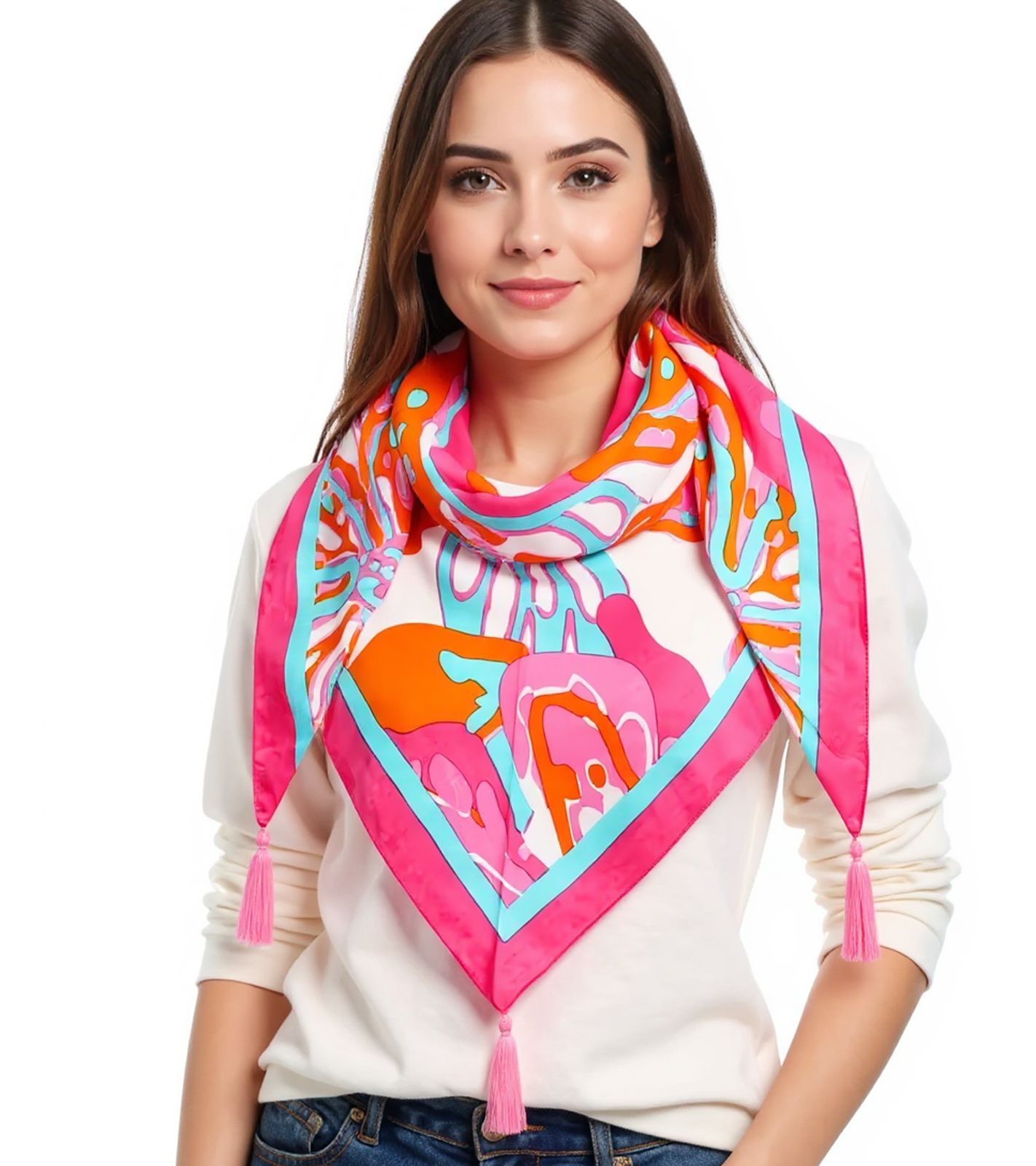 ZWILLINGSHERZ Big Flower Dreiecks-Tuch mit farbenfrohem großen Blumen-Print Mode-Tuch 3014D-0107-88 Türkis/Pink/Bunt von ZWILLINGSHERZ